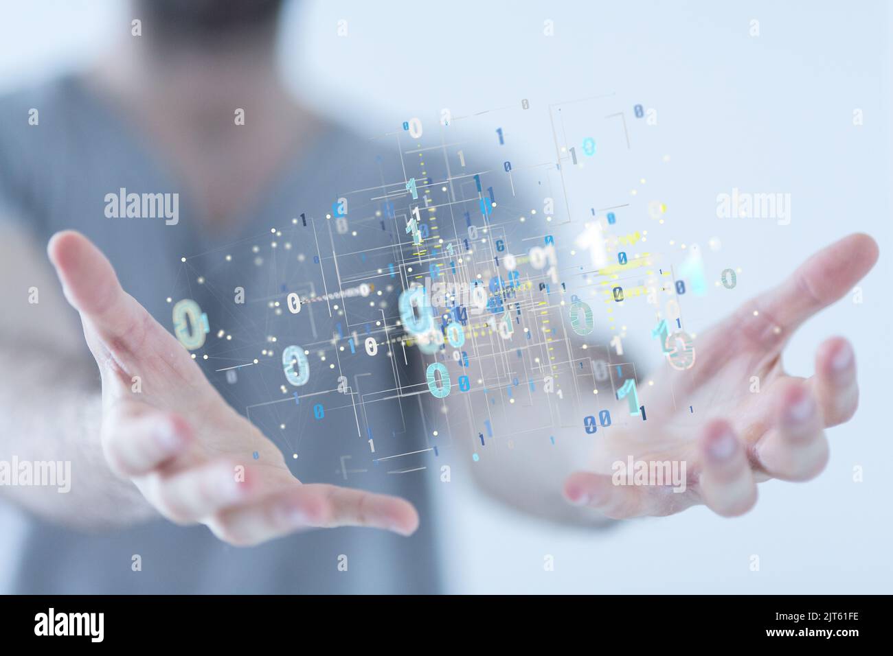 A 3D rendered digital network hovering in mans hand Stock Photo - Alamy
