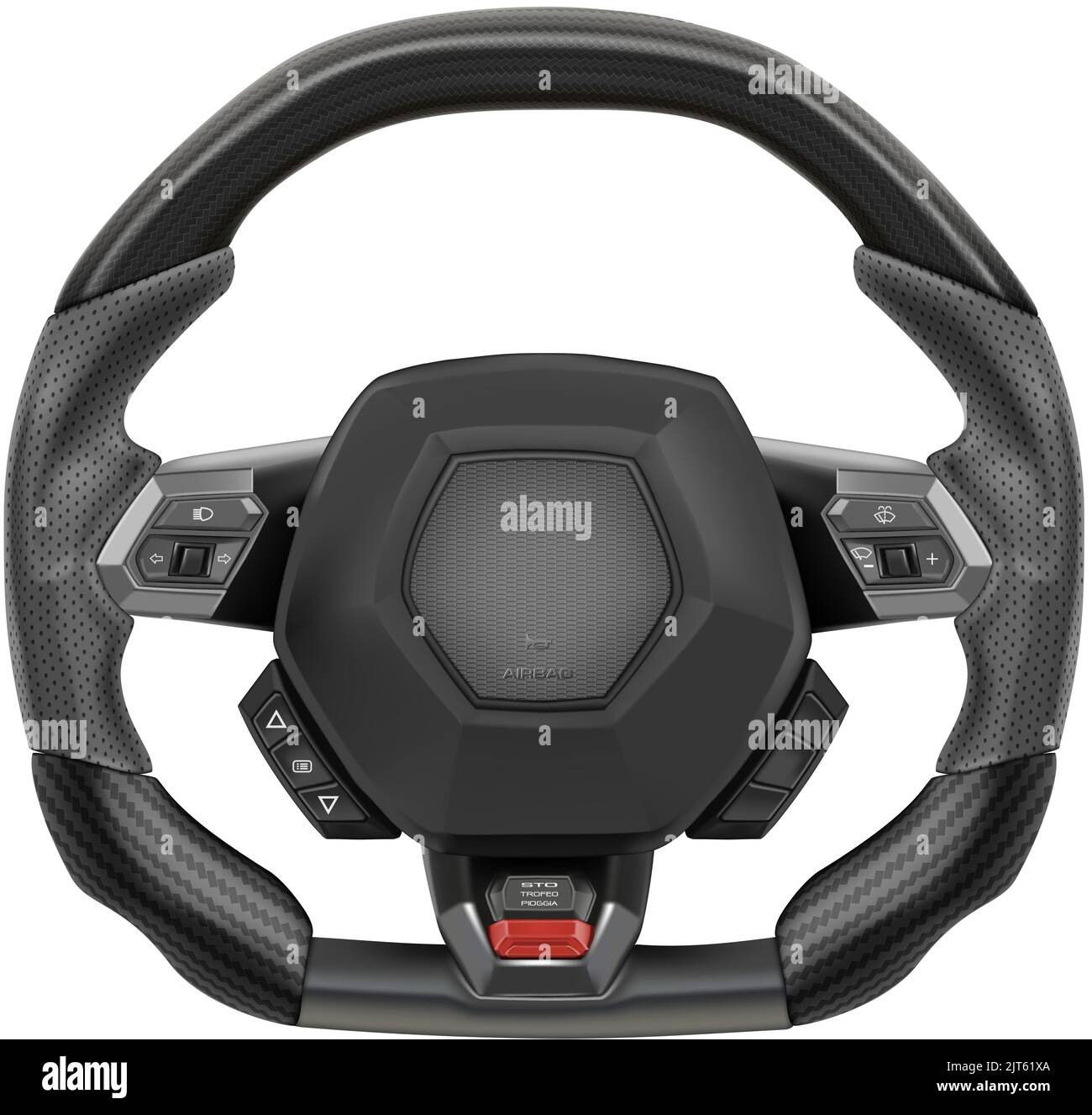 Realistic vector steering wheel supercar auto parts for steering direction control covered with gray rubber and black Kevlar pattern with control mode Stock Vector