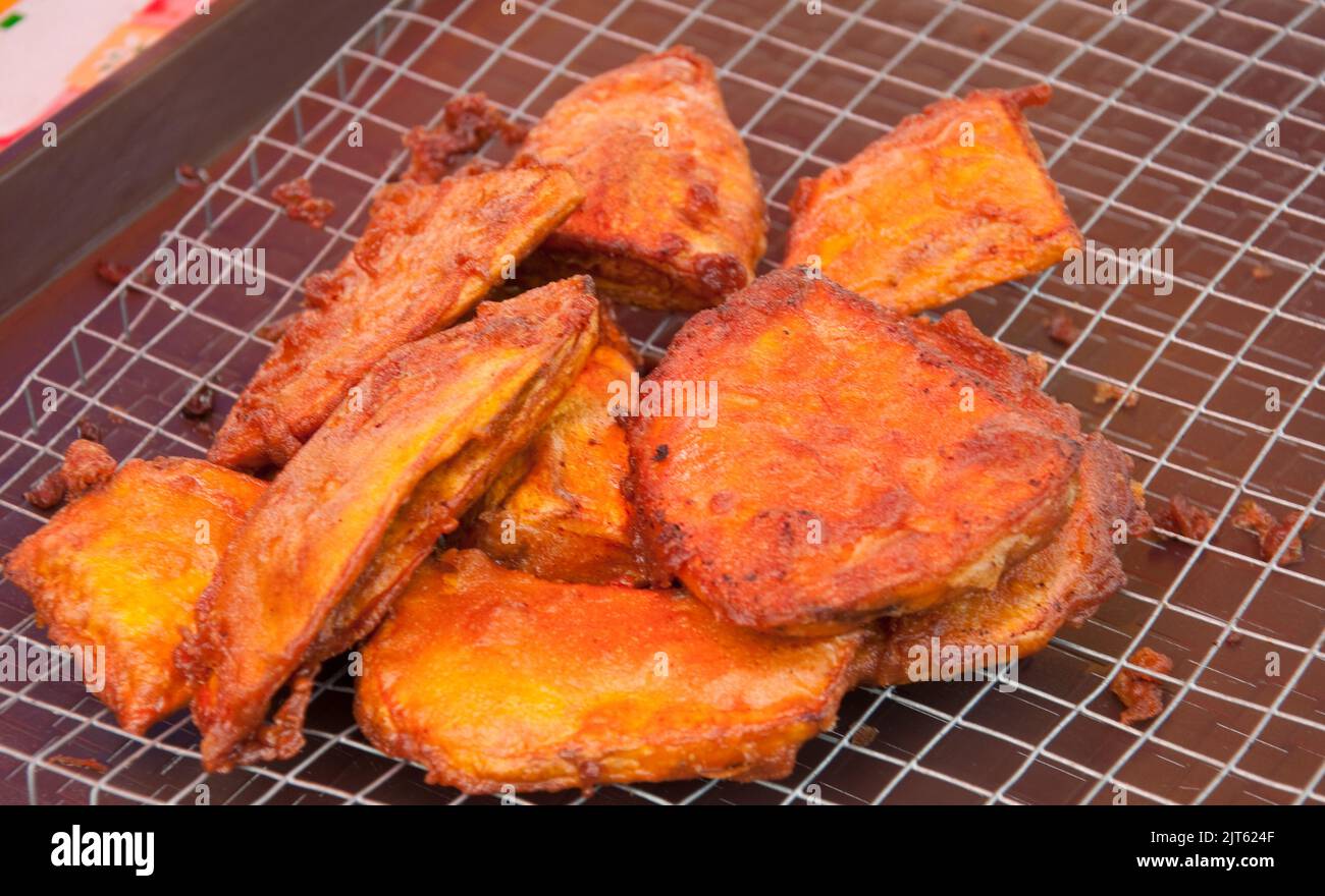 Deep fried Sweet Potato, Hawker Stall, Batu Ferringhi, Penang, Malaysia, Asia Stock Photo