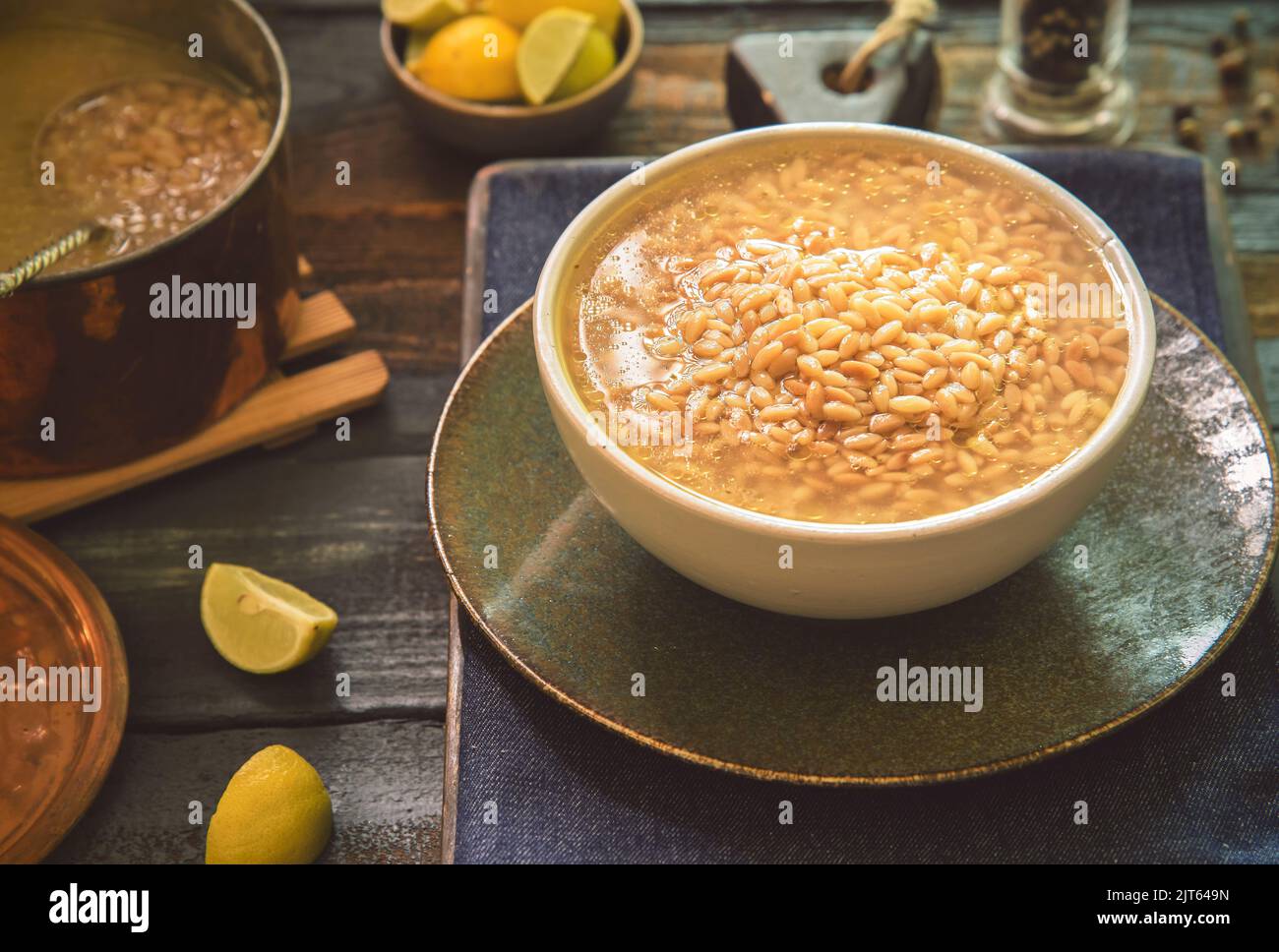 Arabic Cuisine; Traditional Egyptian Orzo soup or Bird Tongue soup. It is delicious chicken
