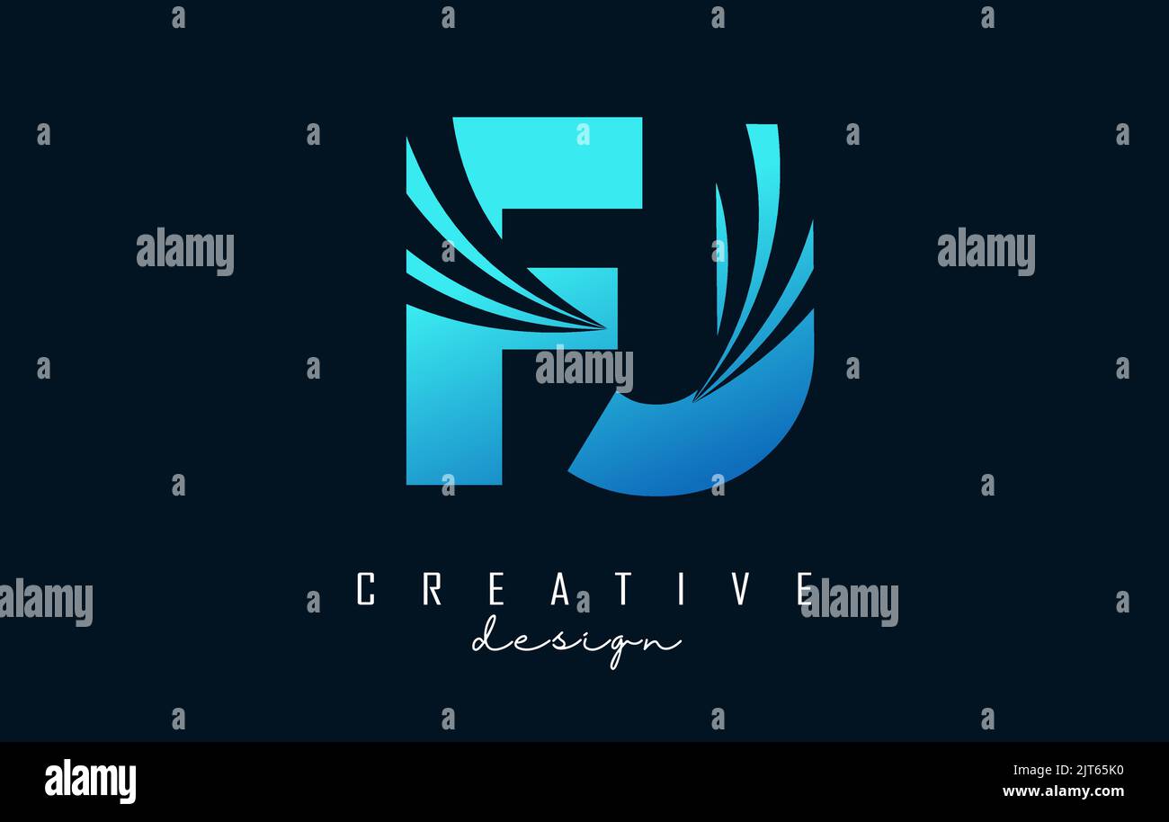 Creative blue letter FJ f j logo with leading lines and road concept ...