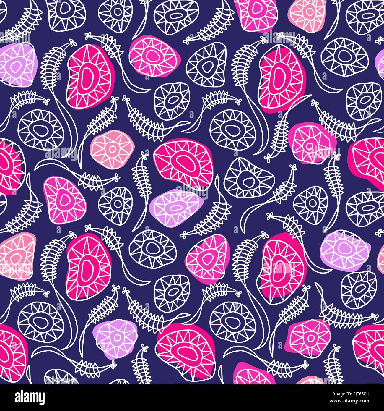Seamless pattern with abstract stylized flowers on dark blue background. Stock Vector