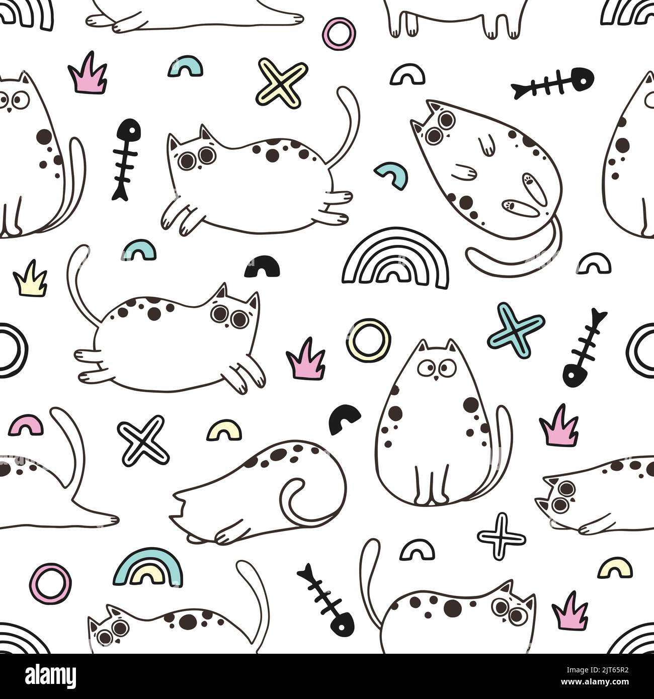 Cute Cartoon Cat Vector Icons, Seamless Pattern and Background Stock Vector