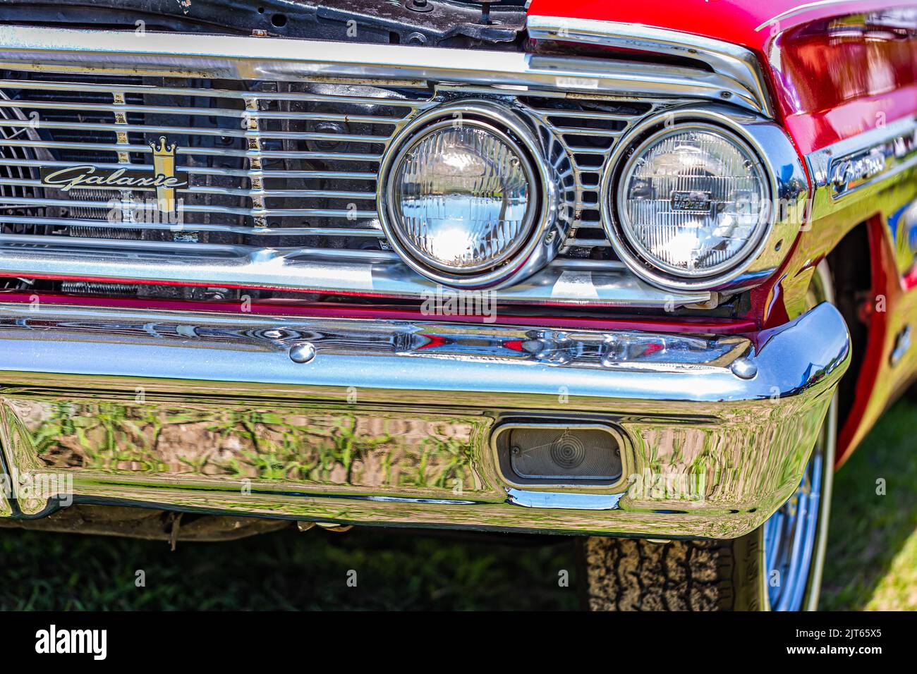 Statesboro, GA - May 17, 2014: Shallow depth of field closeup of the front end details on a 1964 Ford Galaxie 500 XL convertible. Stock Photo
