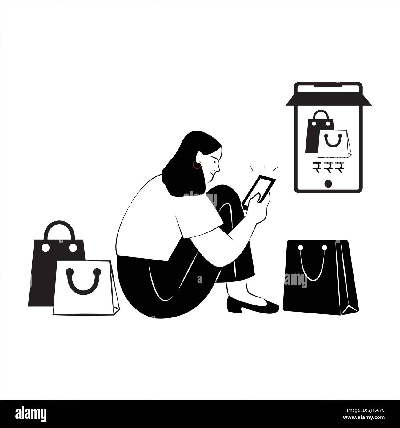 A girl taking photos on her phone of her shopping bags - online shopping - vector clipart Stock Vector