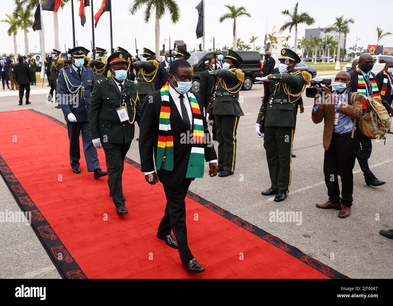 Zimbabwe's President Emmerson Mnangagwa arrives for the funeral of Angola's former President Jose Eduardo dos Santos, who died in Spain in July, at the Agostinho Neto Memorial, in Luanda, Angola, August 28, 2022. REUTERS/Siphiwe Sibeko Stock Photo