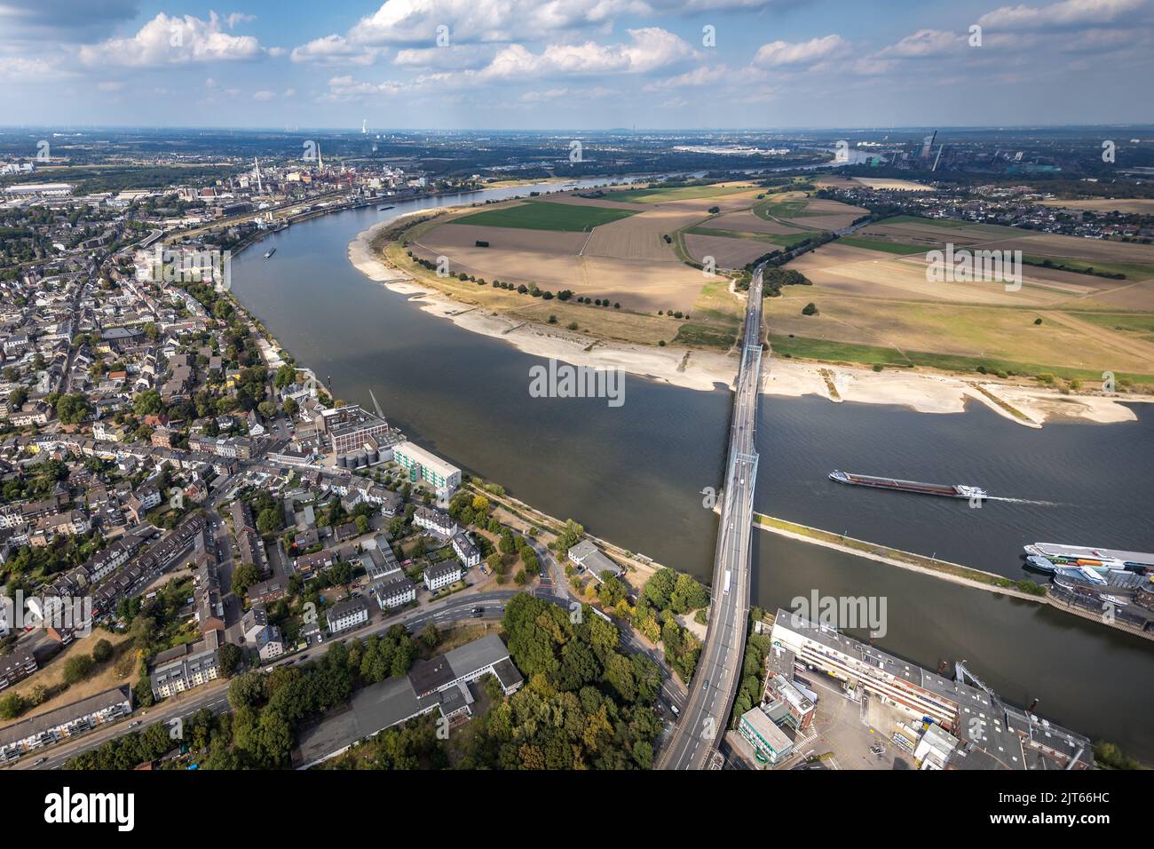 Aerial view, low water of the Rhine on the city border between Duisburg ...