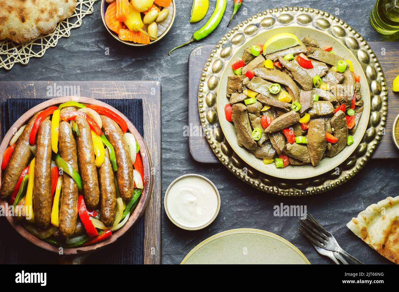 Arabic cuisine; Egyptian Traditional sausage and liver dishes. Served