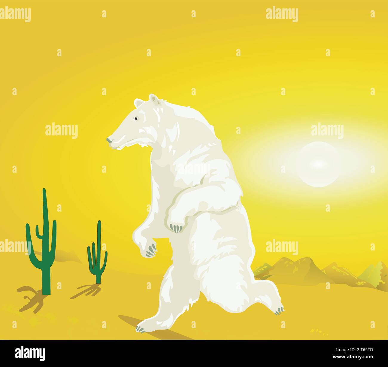 Polar bear in the desert, global warming illustration Stock Vector