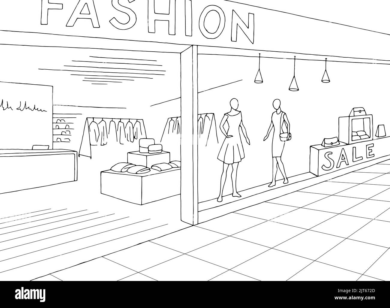 Shopping mall graphic black white interior sketch illustration vector