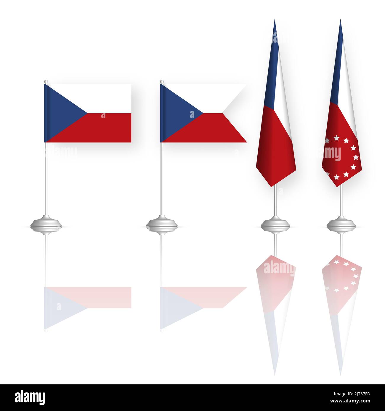 Czech flag in four versions with mirror reflection. Front view, vector illustration. Stock Vector