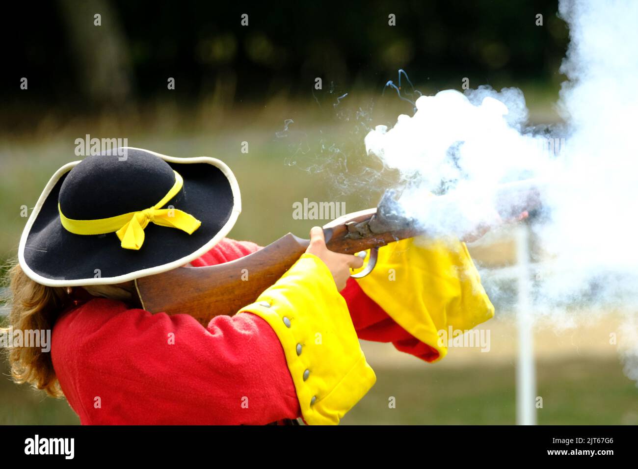 Glastonbury, UK. 28th Aug, 2020. Members of the Taunton Garrison re-enact the 1785 Monmouth Rebellion at Glastonbury Abbey. Taunton Garrison are enthusiasts who provide living history and military demonstrations. Credit: JMF News/ Alamy Live News Stock Photo