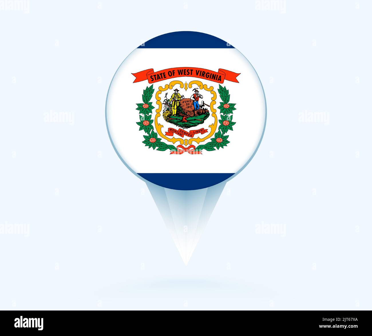 Map pointer with flag of West Virginia. Vector flag sign on blue background. Stock Vector