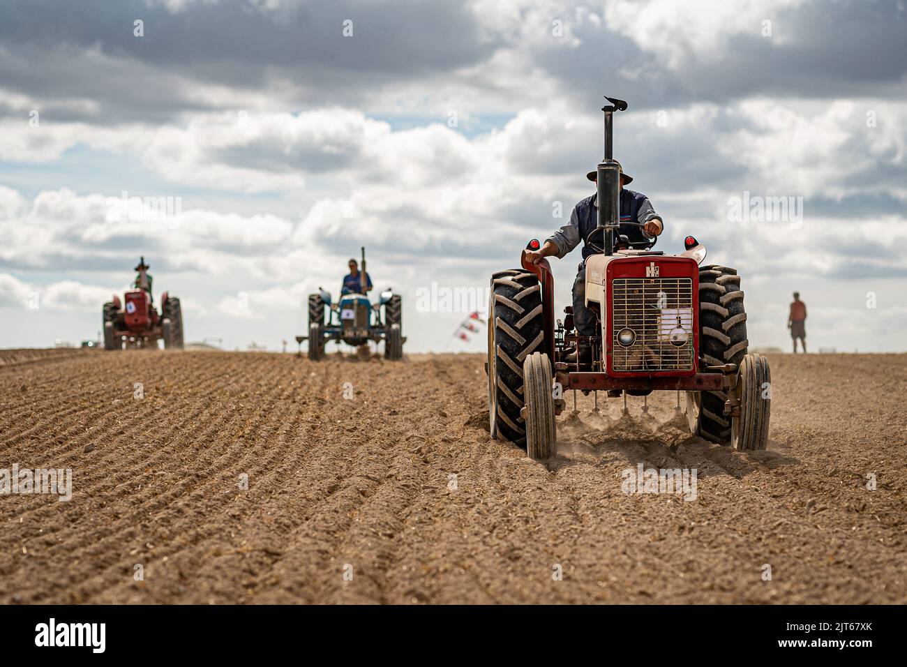 Agricultural tractors work fields ploughing and raking during the Great