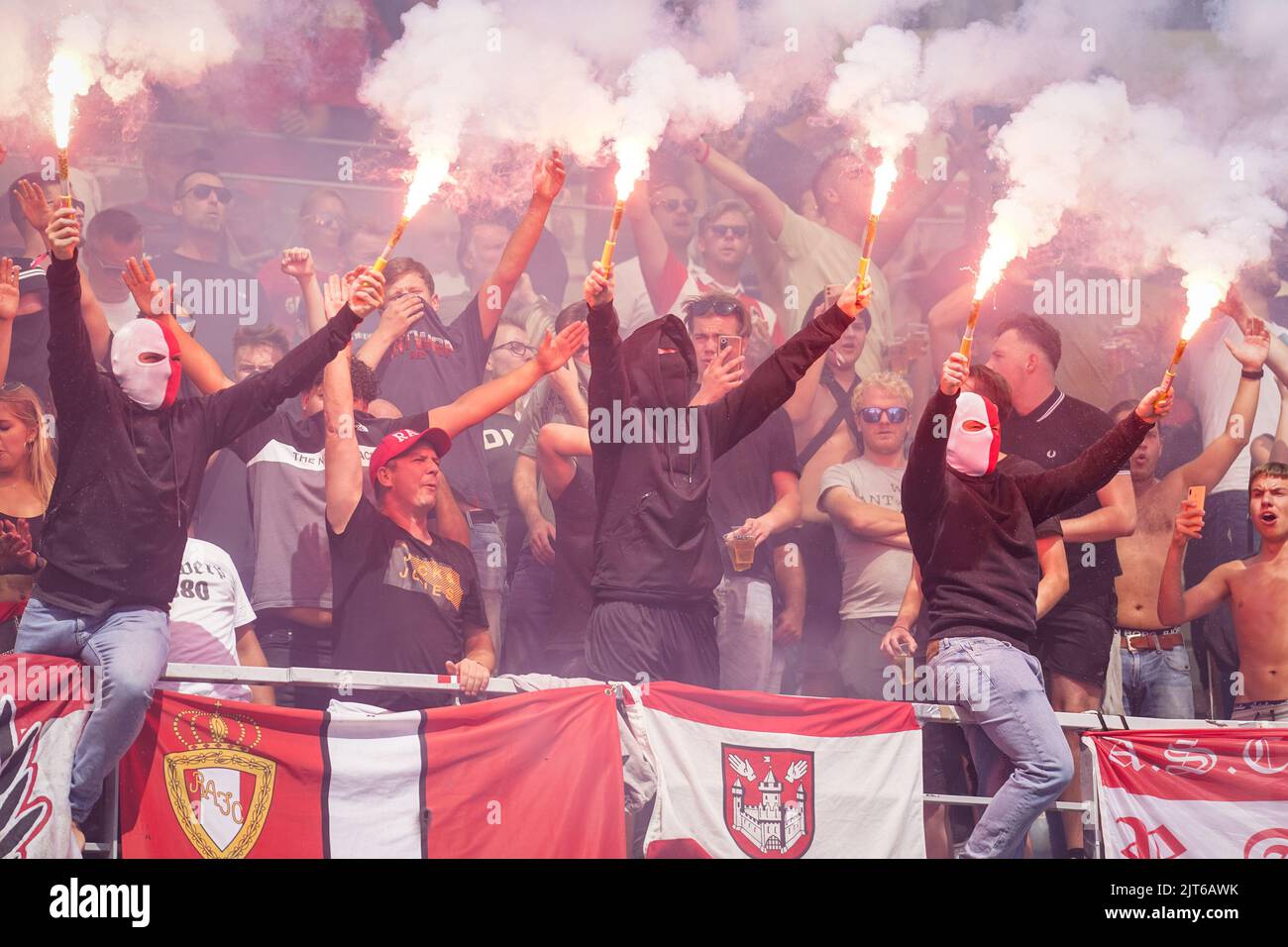 GENT, BELGIUM AUGUST 28 supporters of Royal Antwerp FC light