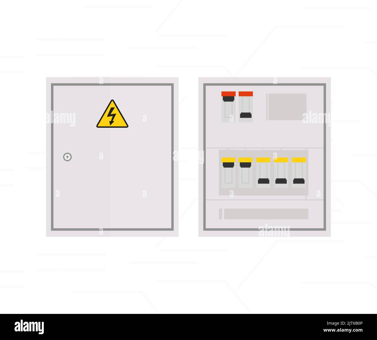 Outdoor electric control box logo design. Transformer cabinet, circuit breakers, electrical panel, switch with wires,  fuse box vector design. Stock Vector