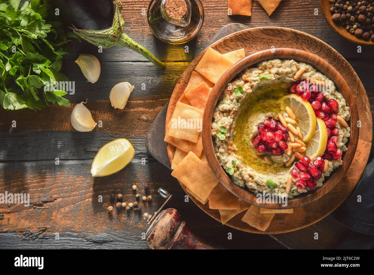 Arabic Cuisine Middle Eastern delicious dip "Baba Ghanoush" or "Baba Ghanouj". It is tasty