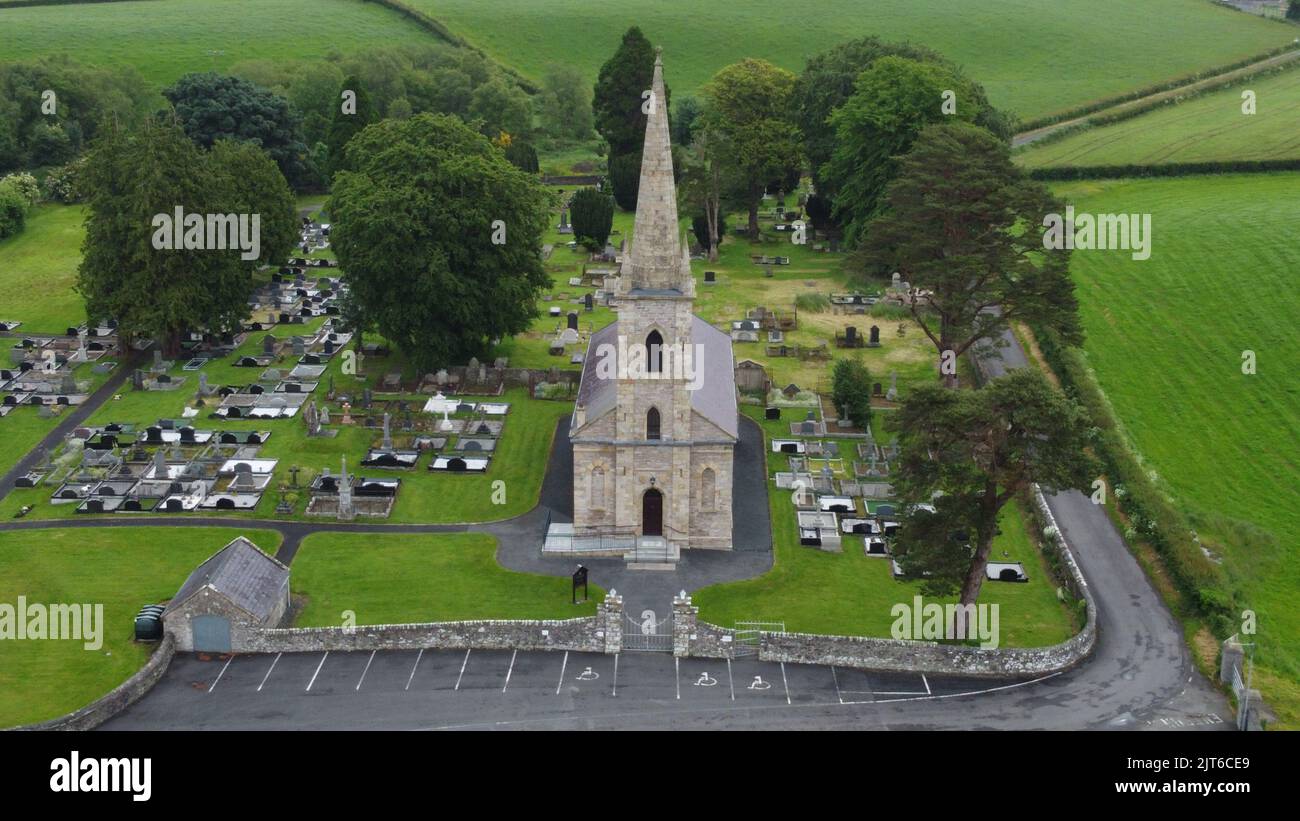 An aerial view of presbyterian church and graveyard in Ireland Stock
