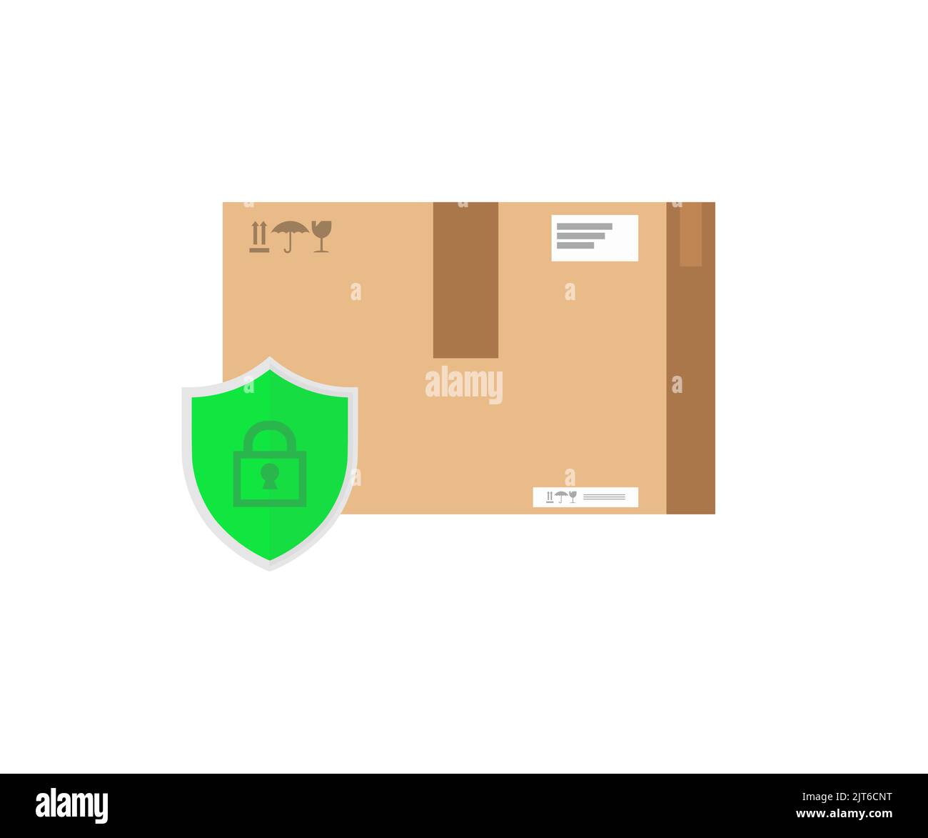 Parcel box protected with shield logo design. Сartoon package icon with insurance or guarantee check  vector design and illustration. Stock Vector