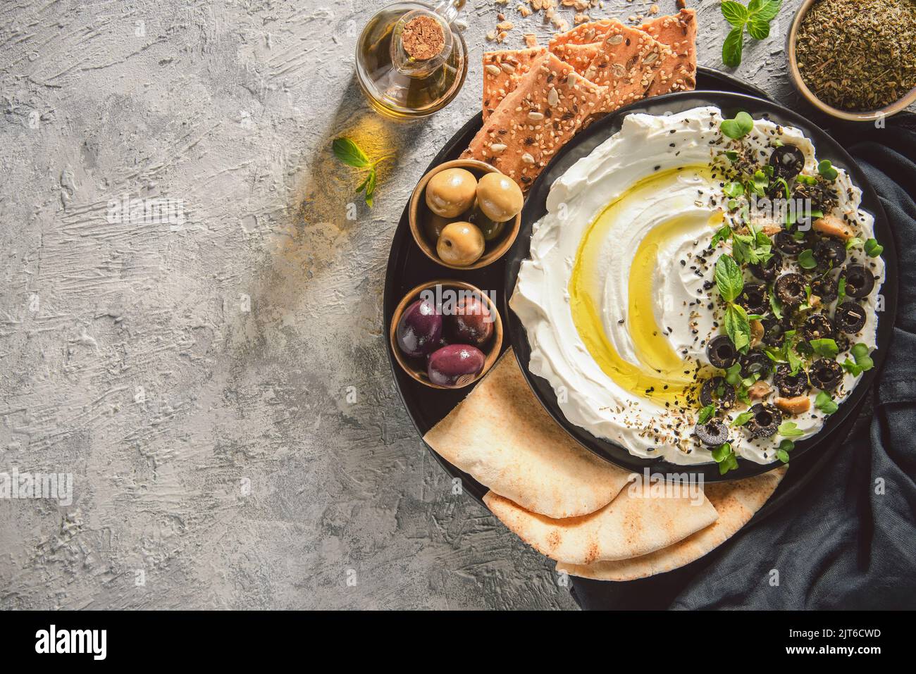 Arabic Cuisine Middle Eastern delicious dip "Labneh". Cream cheese dip
