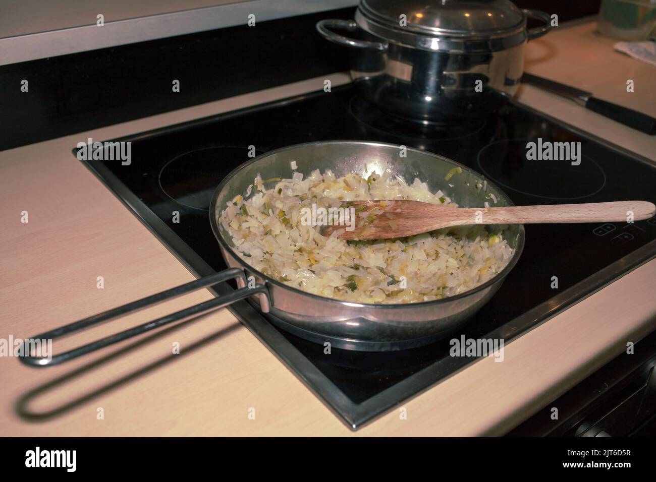 Pan with fried onions on the stove Stock Photo