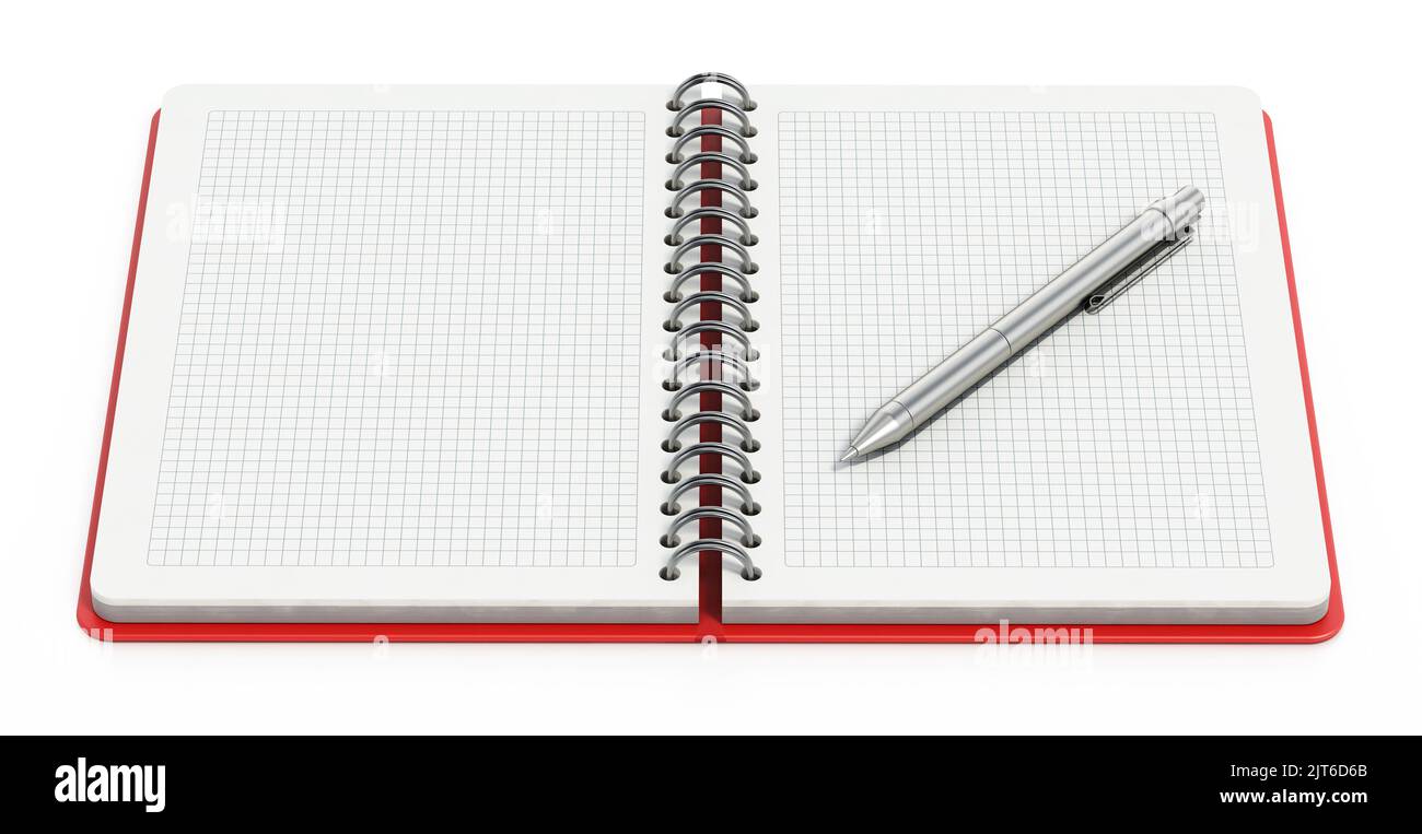 Spiral notepad with blank pages and ball point pen. 3D illustration. Stock Photo
