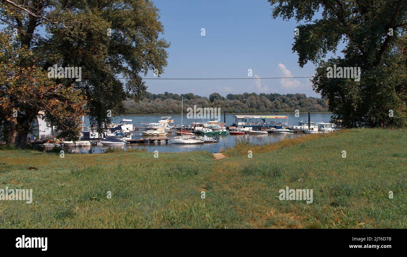 Boats moored in a marina on the Danube River Stock Photo