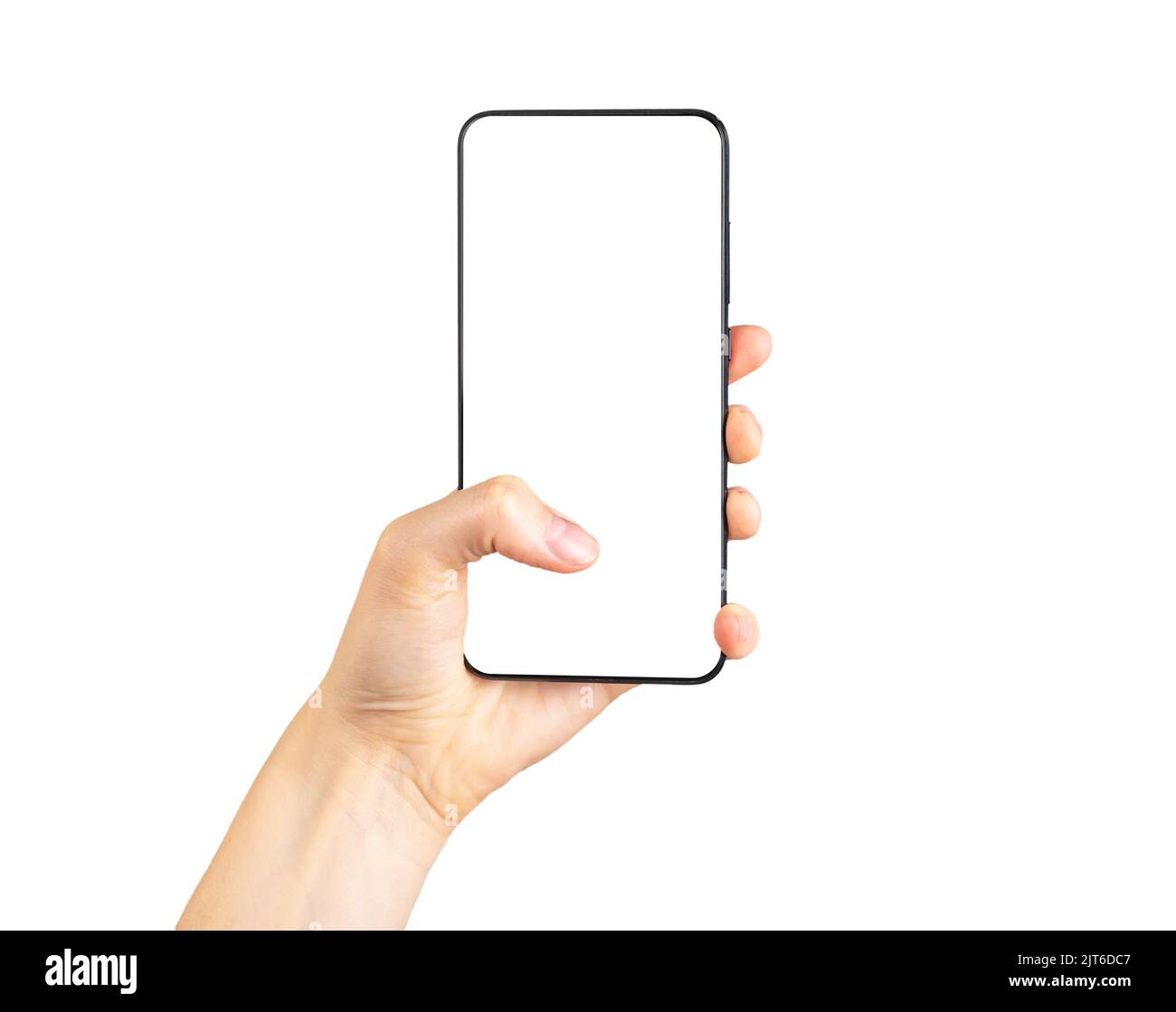 Finger clicking on phone mockup isolated on white background. Smartphone template with empty screen. Woman hand holding android. High quality photo Stock Photo