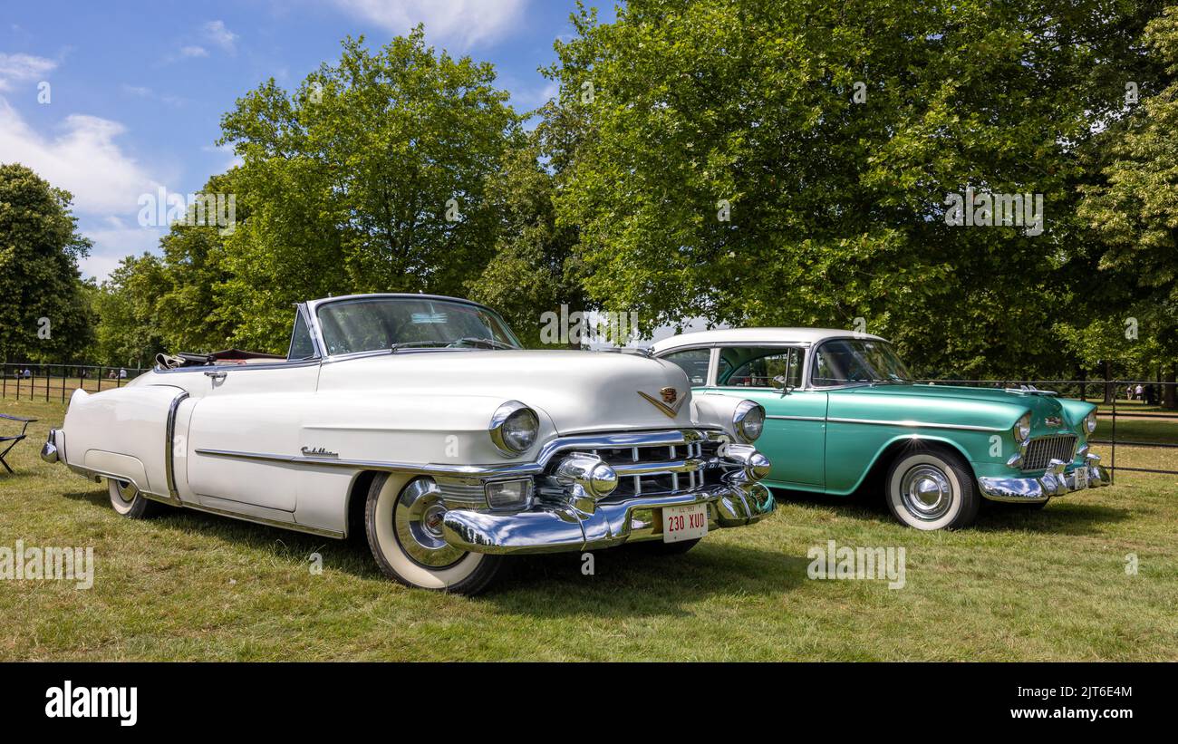 1953 Cadillac Eldorado & 1955 Chevrolet Bel Air on display at the American Auto Club Rally of the Giants Stock Photo