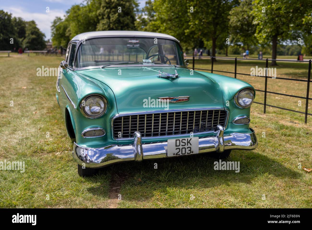 1955 Chevrolet Bel Air ‘DSK 203’ on display at the American Auto Club Rally of the Giants, held at Blenheim Palace on the 10th July 2022 Stock Photo