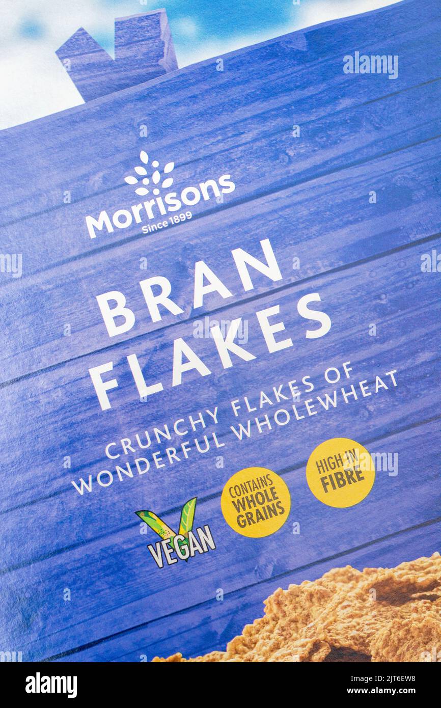 Shot of Morrisons ownlabel bran flakes breakfast cereal carton. For
