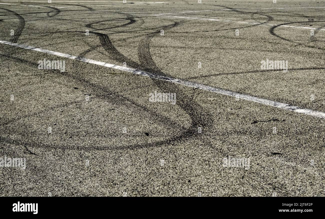 Detail of tire rubber marks, speed Stock Photo