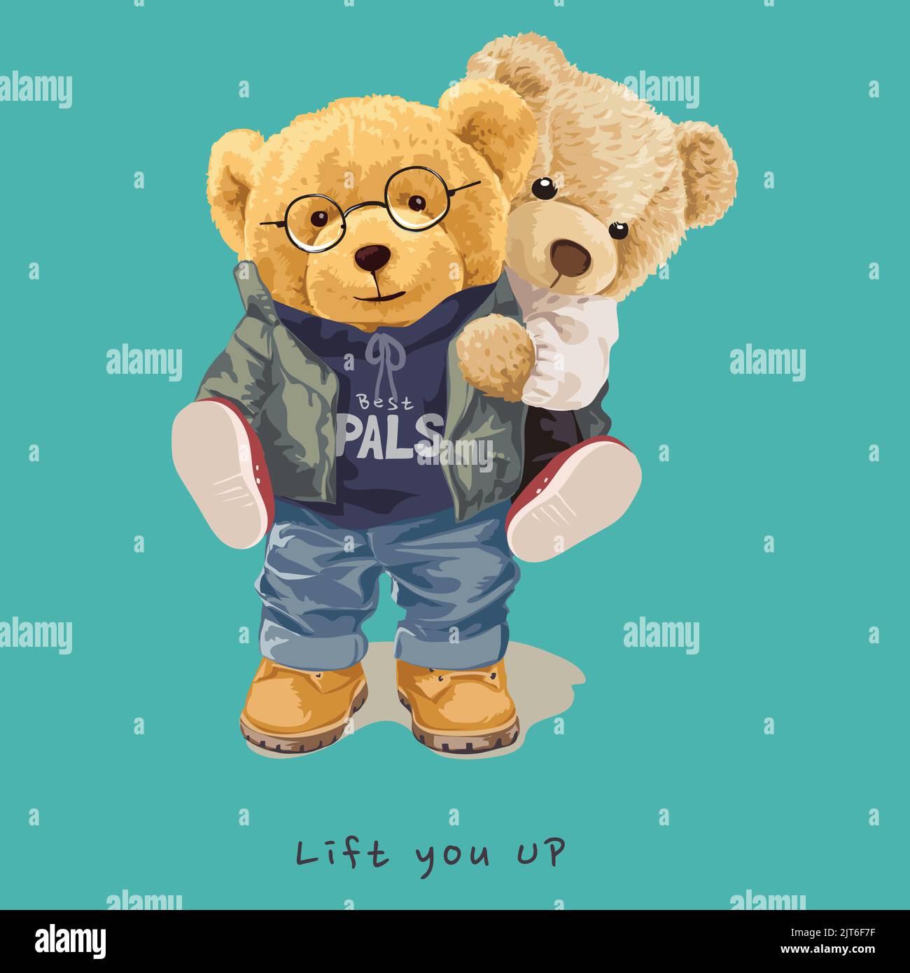 lift you up slogan with bear doll carrying a friend on back illustration Stock Vector