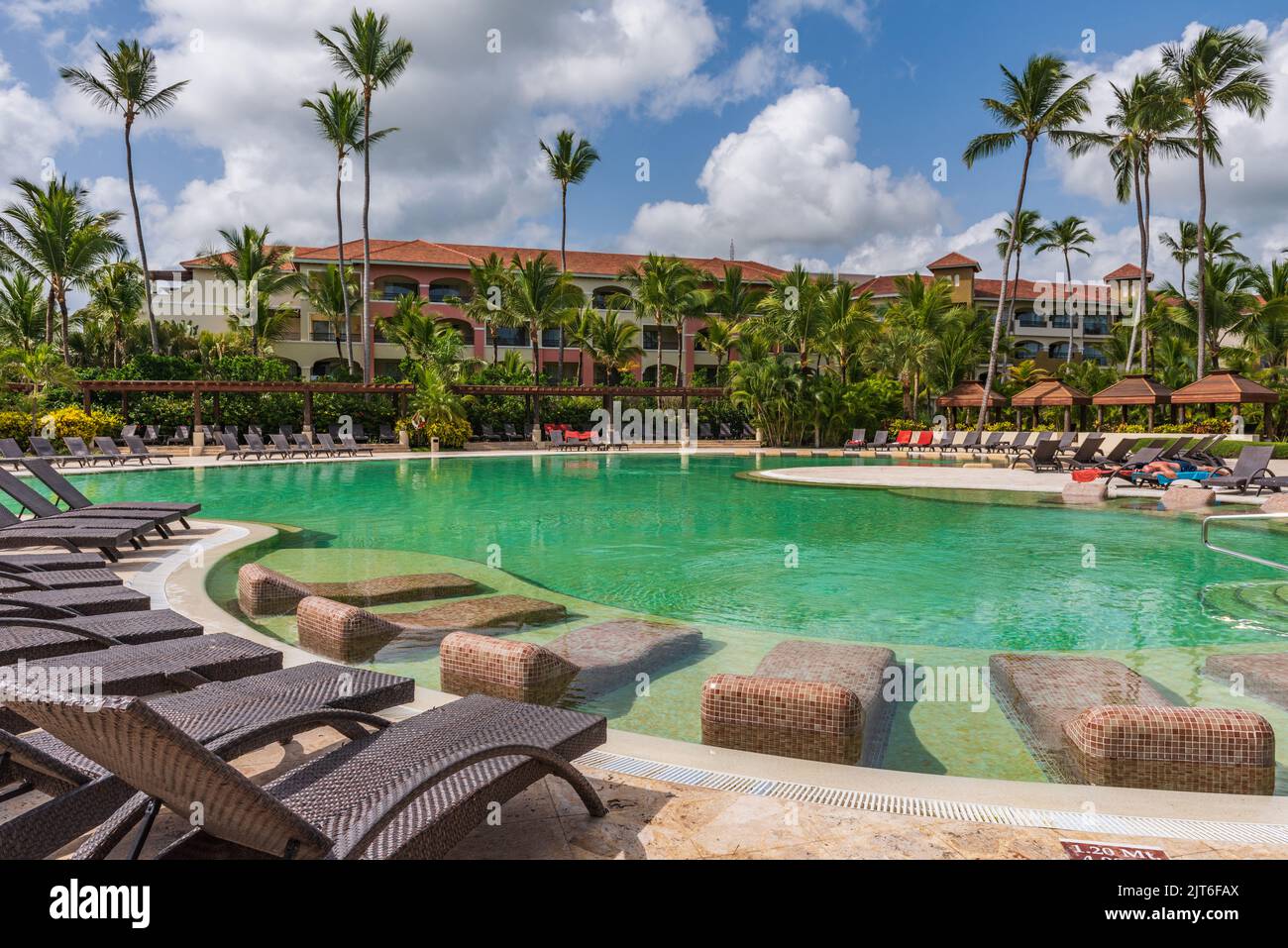 Punta Cana/ Dominican Republic - June 10, 2016: Empty pool at tropical resort. Stock Photo