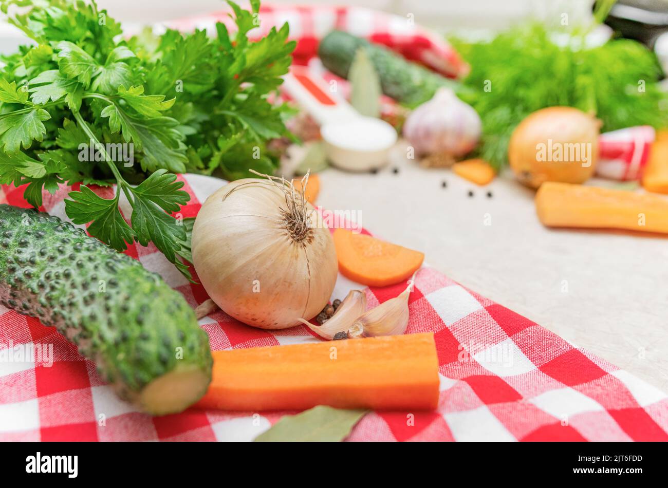 Still life of vegetables and spices. Stock Photo