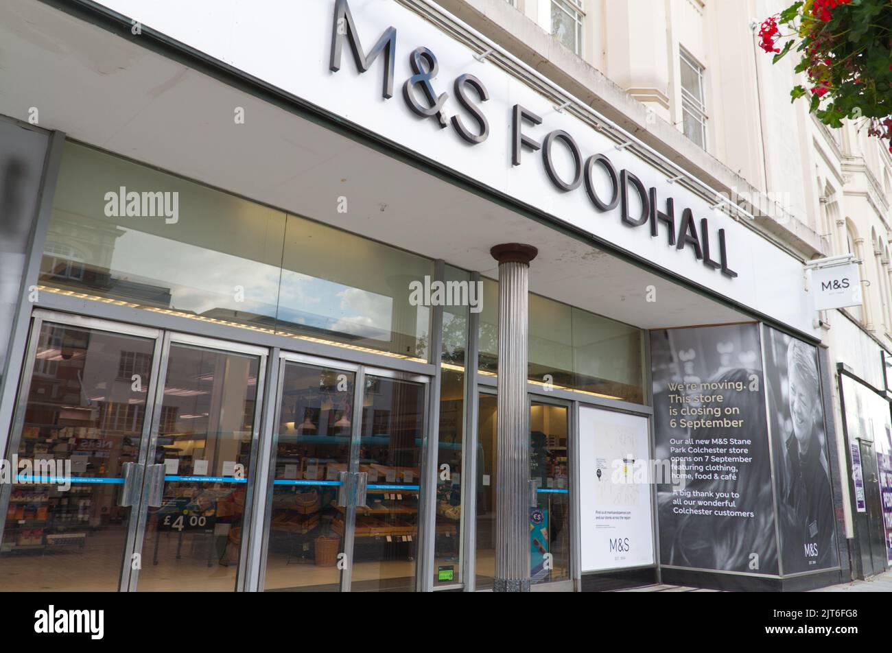 Marks & Spencer exterior of shop in the High Street, Colchester. The store is due to close on 6th September 2022 and relocate to Stane Park Stock Photo