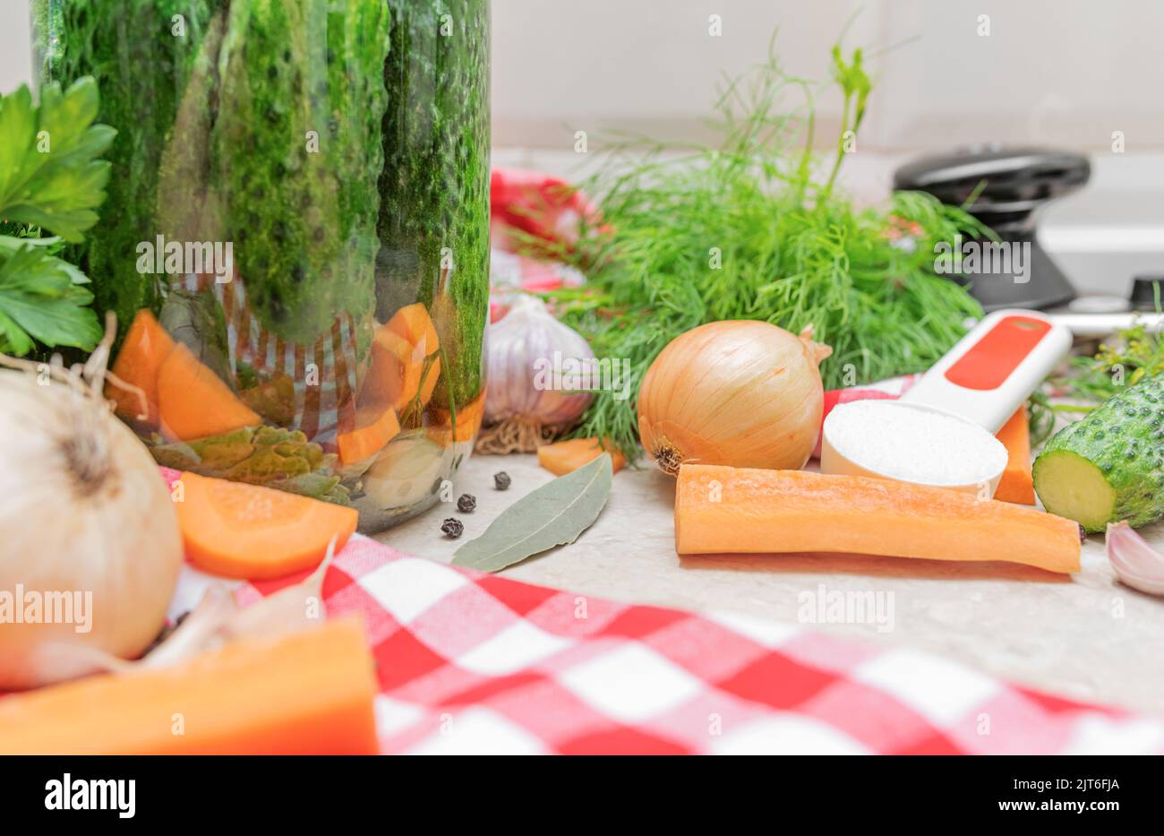 A set of vegetables and spices for cucumber marinade. Stock Photo
