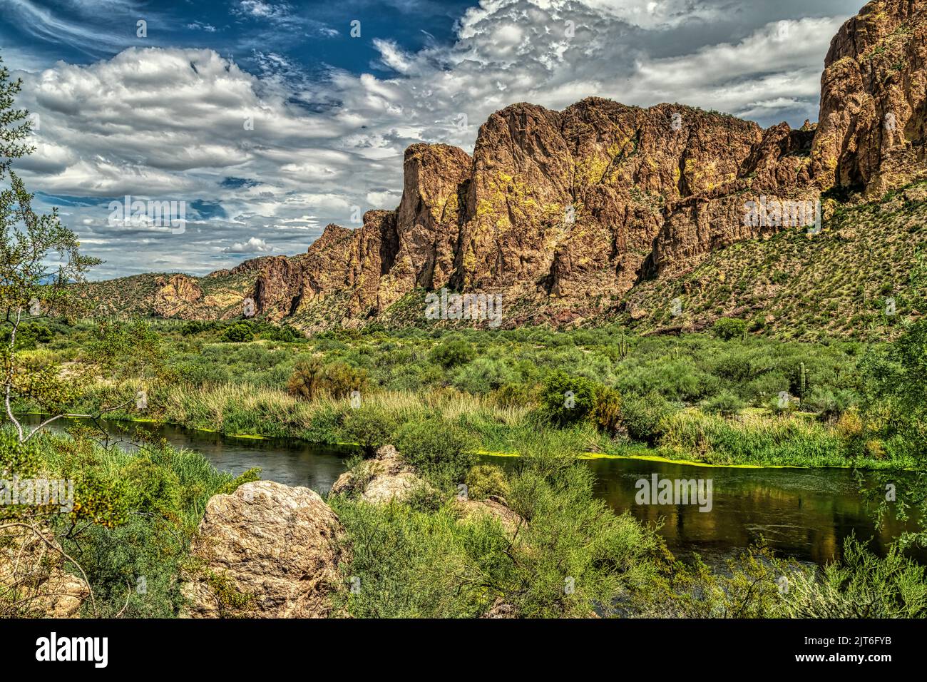 Monsoon clouds over the Bulldog Cliffs and the Salt Rriver in the Sonoran Desert near Phoenix, Arizona Stock Photo