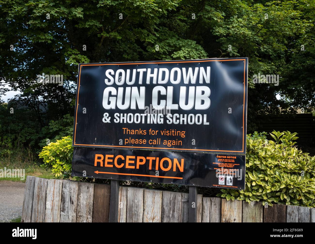 A sign for Southdown Gun Club and Shooting School in Findon, West Sussex, UK. Stock Photo
