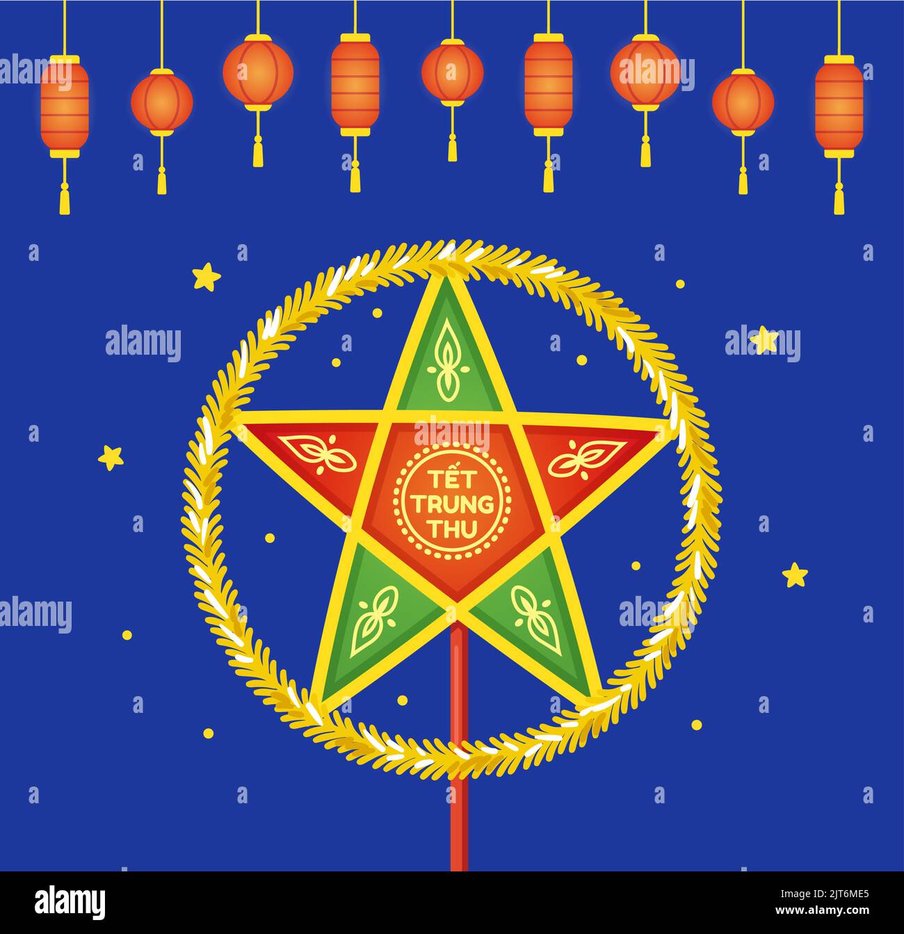 Traditional Vietnamese star lantern (Đèn Ông Sao). Tết Trung Thu means Mid-Autumn Festival in Vietnam. Paper lanterns at night banner. Vector clip art Stock Vector
