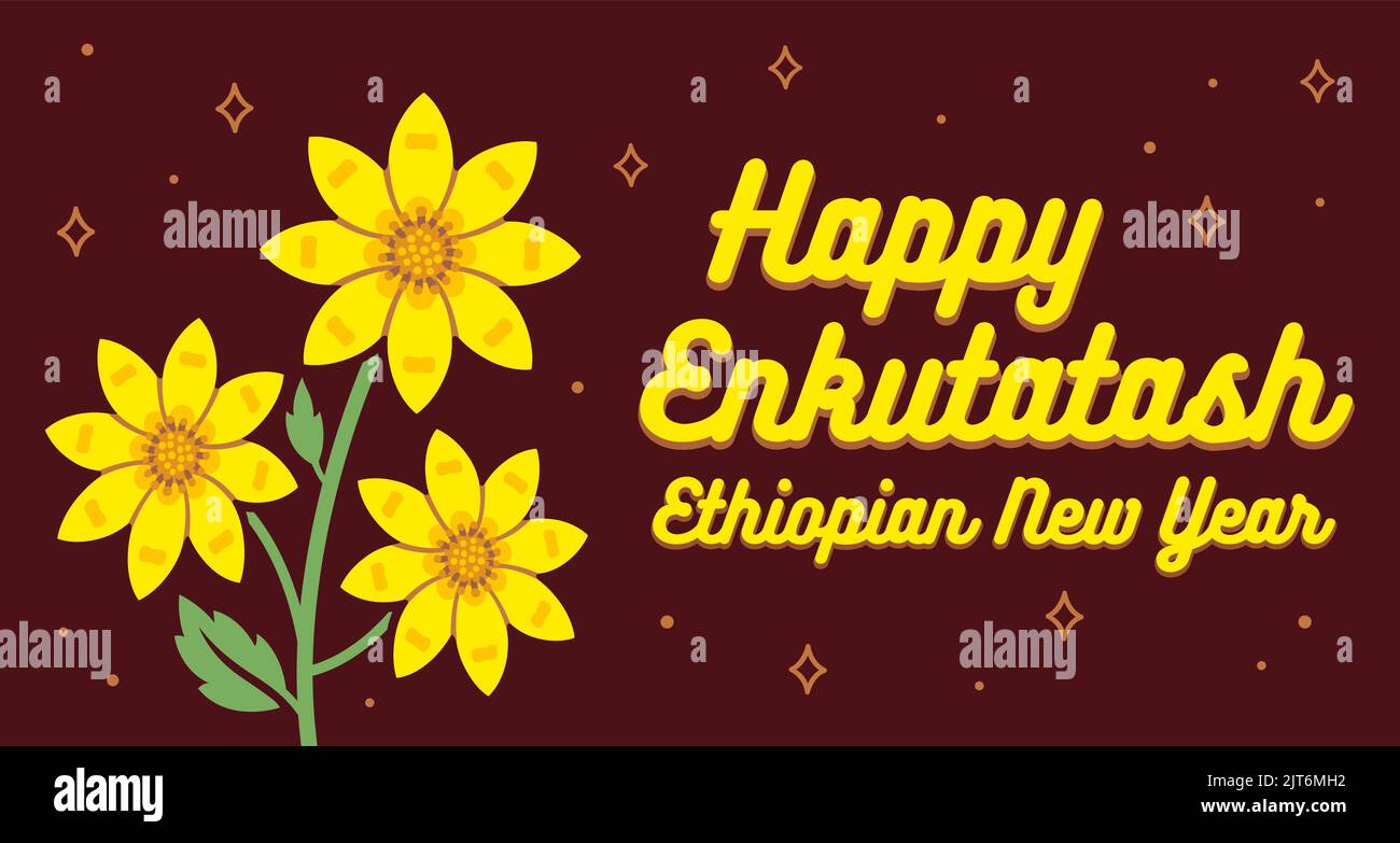 Happy Enkutatash (Ethiopian New Year) with Adey abeba flower. Greeting card banner, vector design illustration. Stock Vector