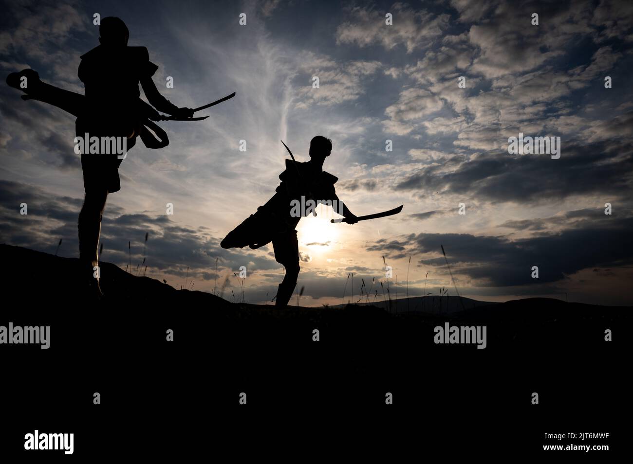 Martial arts sword fighting silhouettes at sunset Stock Photo Alamy
