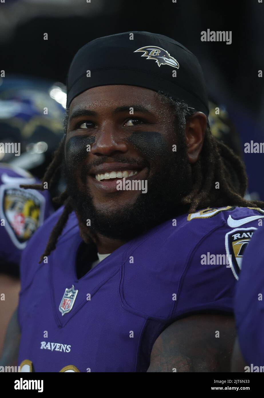 Washington Commanders WR Dyami Brown (2) catches a pass while being  defended by Baltimore Ravens DB Brandon Stephens (21) during a preseason  game at M&T Bank Stadium in Baltimore, Maryland on August