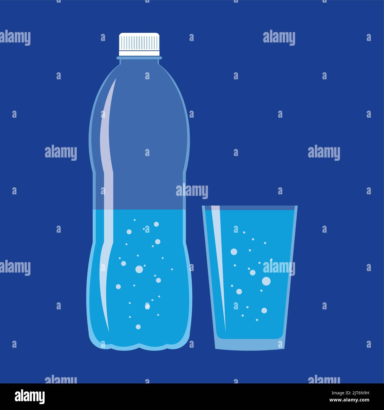 Clear plastic bottle and glass with fresh sparkling water. Flat icon ...