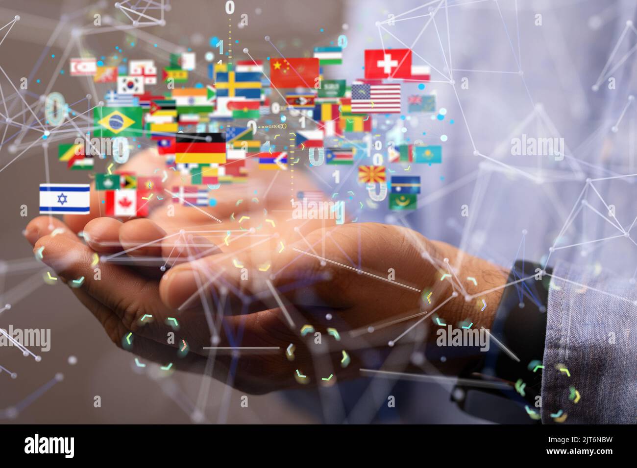 A 3D rendering of international flags floating above a hand for global ...
