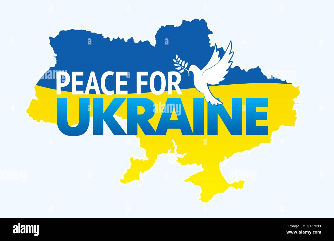 Map and ukrainian national flag with dove and Peace for Ukraine slogan. Banner calling to stop the war of russia against Ukraine. International protes Stock Vector
