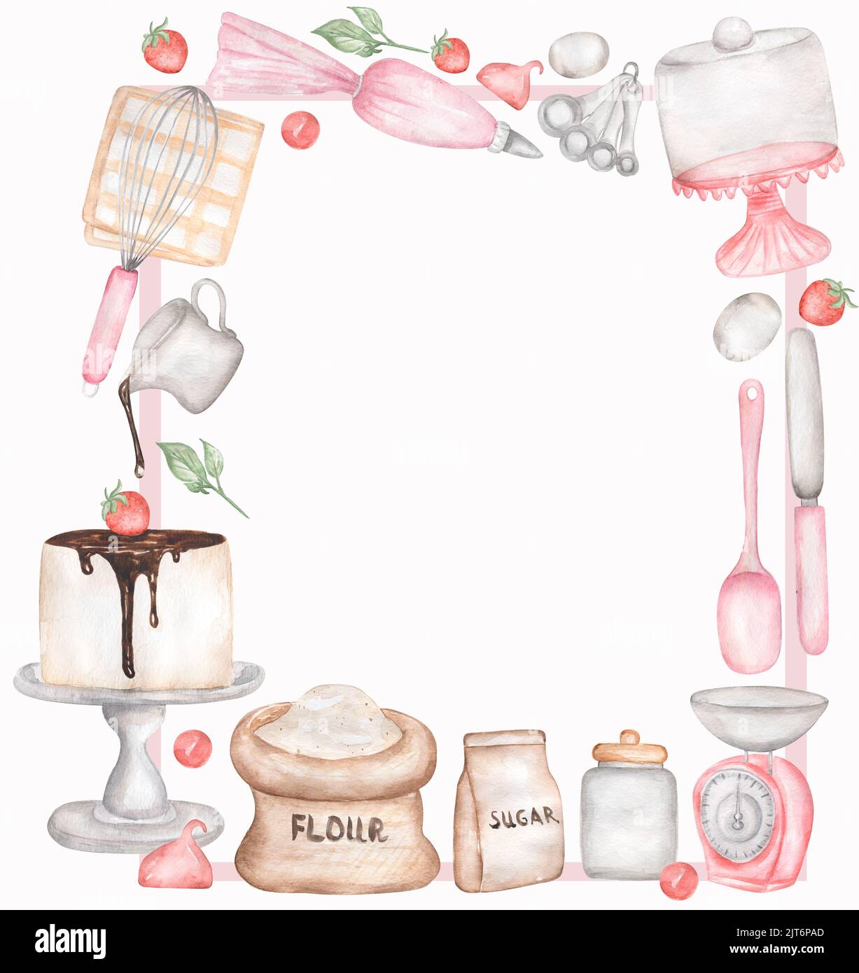 Watercolor hand drawn frame with baking tools and ingredients in pink