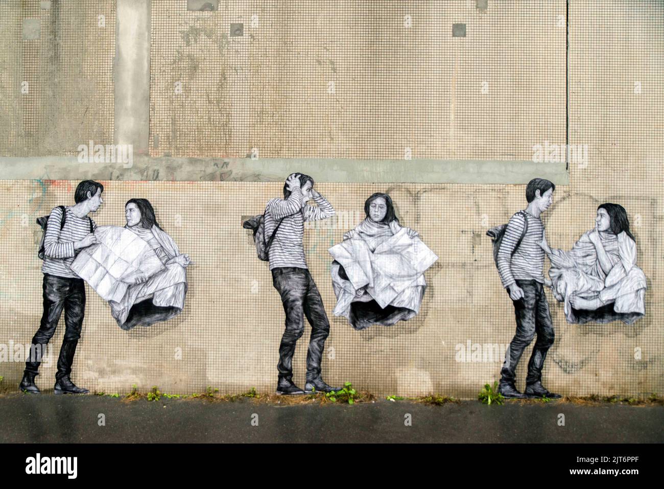 Paris, France. 28th Aug, 2022. The street artist Levalet's drawings and