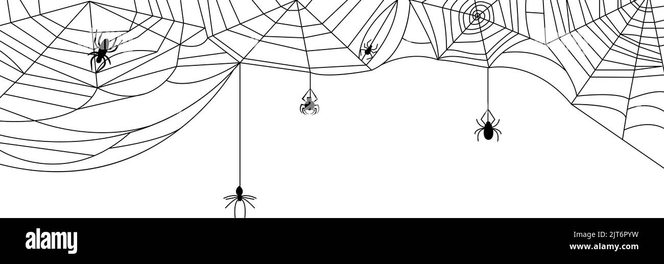 Black cobweb isolated banner. Spiderweb halloween background with spiders silhouettes. Spooky wall sticker, nets on white decent vector graphics Stock Vector