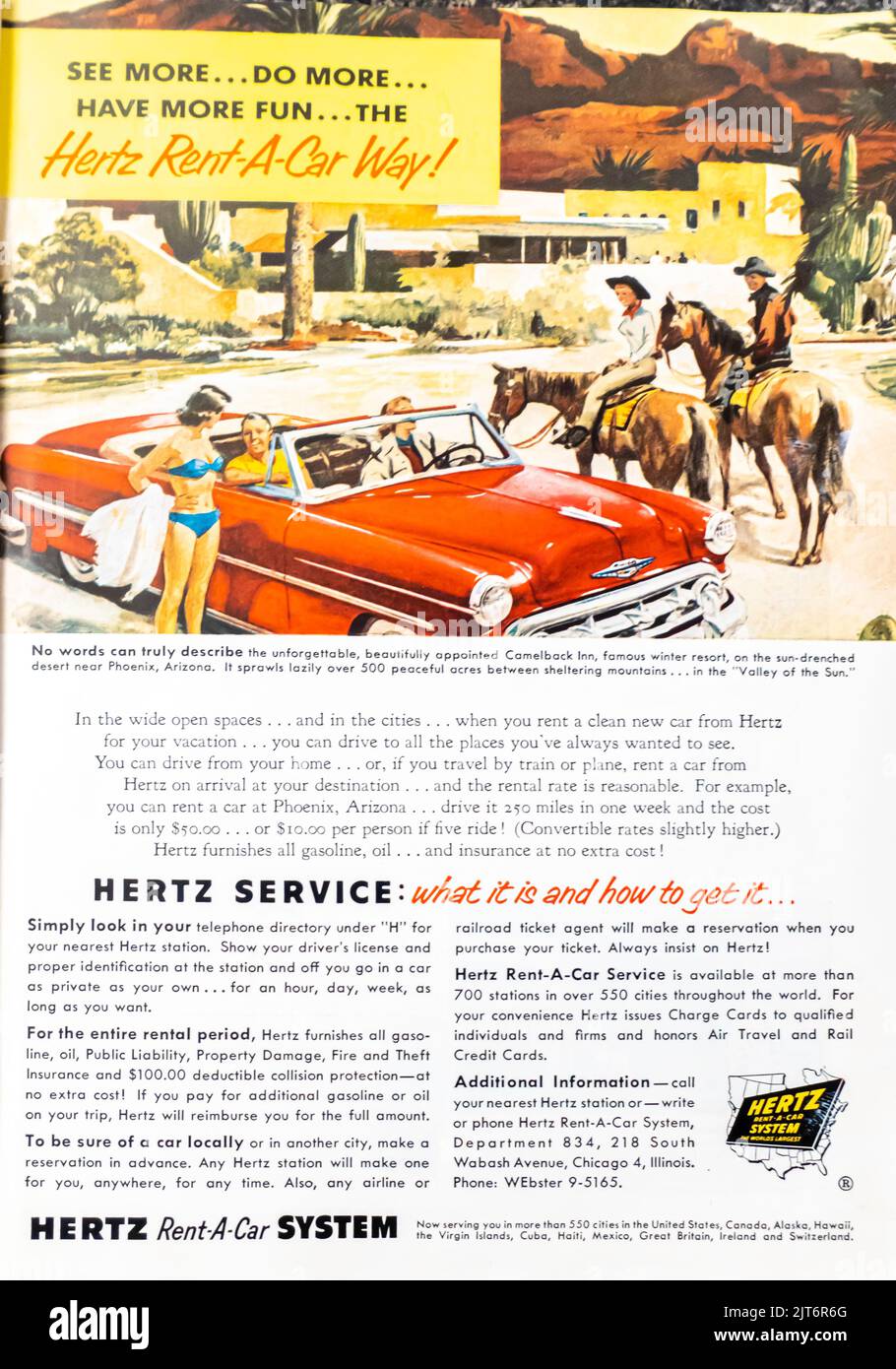 Hertz, car rental service advertisement placed inside a NatGeo magazine, 1954 Stock Photo